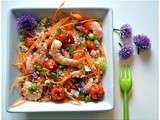 Salade estivale de quinoa, crevettes marinées à l'ail et tomates cerise roties