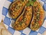 Aubergines farcies aux cabécous de l’Aveyron, huile d’olive et basilic