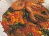 Fricassée de gambas flambées à l’Armagnac et poêlée de poivrons