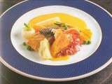 Navarin de homard bleu et bar à l’armagnac et au safran
