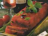 Pressé d’aubergines et tomates confites en tapenade aux olives noires, petit pistou