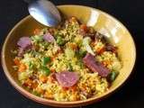Salade de couscous safrané, boeuf grillé et petits légumes