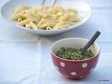 Pâtes au pesto/pistou de fanes de carottes, noix et millet (vegan)
