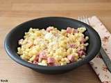 Risotto de coquillettes, crème de parmesan et jambon