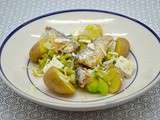 Salade tiède : sardines, poireaux crus et cuits, feta, pommes de terre