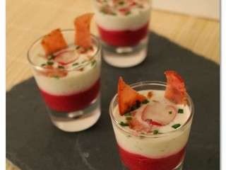Verrine betterave, boursin Ail et fines herbes, radis et bacon {St Valentin}