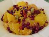 Salade de fruit: mandarines satsuma, grenade, baies de Gogi à la fleur d'oranger et cannelle
