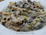 Pennes sauce crémeuse aux champignons de Paris et petits légumes