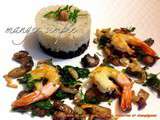 Écrasée de céleri rave, riz noir, crevettes et champignons