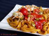 Tagliatelles aux crevettes, tomates et olives