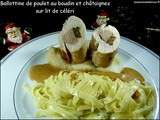 Ballottines de poulet farcies au boudin blanc aux morilles et châtaignes, nouilles d'Alsace, purée de céleri (menu de Noël à moins de 5 euros par personne)