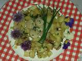 Pommes de terre rôties, aux fleurs ( pensées et fleurs de ciboulette)