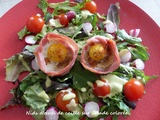 Nids d’œufs de caille sur salade colorée
