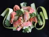 Mi cuit de saumon, coriandre et wasabi, tagiatelles de courgettes crues