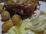 Burger de röstis au jambon et créme de champignons