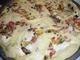 Pizza oignon, lardons, champignons, reblochon