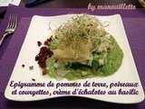 Epigramme de pomme de terre, poireaux et courgettes, crème d'échalotes au basilic