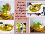 Soupe light (velouté, potage) de légumes de saison avec de la crème fouettée et des noisettes