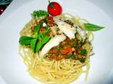 Spaghetti à la sauce pesto/pistou/confit 3 légumes et au poulet fermier