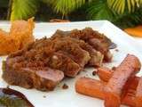 Magret de canard en croûte de pain d'épices accompagné de ses carottes confites aux épices de Noël