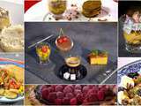 Péché gourmand d'Anne : foie gras, morue panée, tajine de veau, ballotins de poulet, tarte au citron, macaroné aux framboises et café gourmand