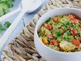 Salade d'épeautre, lentilles corail et haricots Mungo au poulet curry