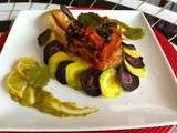 Darne de saumon, legumes de printemps au coulis de poivrons
