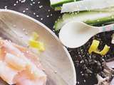 Tagliatelles de courgettes crues, champignons et lentilles au saumon fumé – vinaigrette citron, ail et sésame