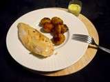 Poulet rôti, pommes de terre grenailles au thym et crème de safran