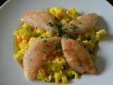 Pâtes safranées, rouget et petits légumes