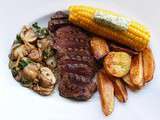 Pavé d'autruche aux champignons, maïs et pommes de terre grillées