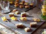 Apero dinatoire, carpaccio cabillaud-ananas, muffins au pate, verrines mais-mangue ou creme tomate-avocat
