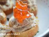 Apero dinatoire : rillettes poireaux-thon- mousse au foie gras -panier aux pruneaux et au magret seche, creme de mangue