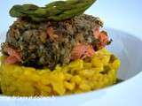 Crepinette de saumon – risotto aux asperges et au safran et son aioli allege
