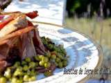 Pigeon farci au foie gras – pain d’epices avec ses petits pois
