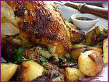 Poulet roti a la broche & pommes de terre a la salardaise sauce nougat aux morilles