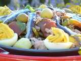 Salade nicoise aux anchois frais marines, oeufs mimosas light et pour saucer quelques des de fougasse apres vous entendrez les cigales chanter