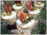 Verrines de panna cotta d’asperges et leur chips, gaspacho maison & palmier au pesto roquette, soupe froide de radis