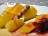 Ananas caramélisé, jus aux épices, gel à la crème de framboise et sorbet au vin rouge