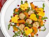 Salade de saint-jacques, mangue et clémentine, sauce passion et miel