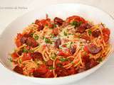 Spaghettis au chorizo, tomates et piment doux du Chili