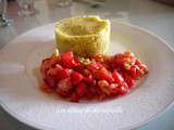 Chaud froid d'écrasée de pommes de terre au thym et à l'huile d'olive  et sa brunoise saumon tomates