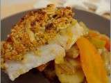 Dos de cabillaud en croûte d’amandes, julienne de légumes et sauce à l’estragon