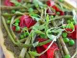 Pizza printanière au pesto de roquette à la ricotta, légumes verts et Bresaola
