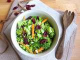 Salade crue de brocoli, carotte et cranberries, sauce tahini