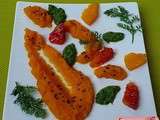 Purée de carotte nouvelle, condiment de fanes au sésame, oranges