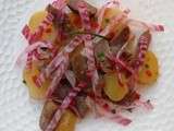 Semaine abats (2) : langue de boeuf confite, pomme de terre et Chioggia en salade