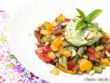 Salade de haricots verts et tomates à la crème de brocolis au citron et aux pignons