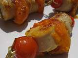 Brochettes de boudin blanc, abricots et tomates cerises