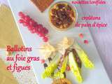 Crème au foie gras, croûtons de pain d'épice, noisettes torréfiées et ballotins au foie gras et figues